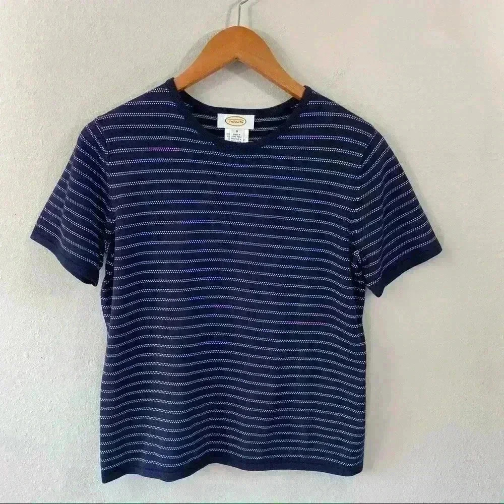 Talbots navy and white short sleeve silk shirt